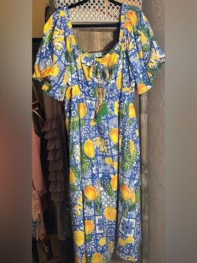 DAVI & DANI Blue, Yellow and Green Lemon Print Dress 2X